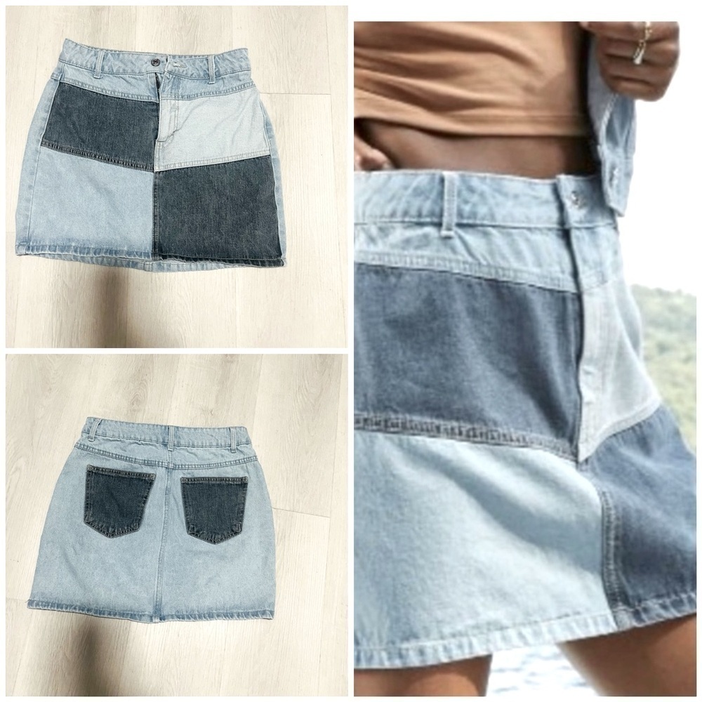 Wild Fable Women's Size 0 Patchwork Denim Mini Skirt Colorblock Medium Wash EUC